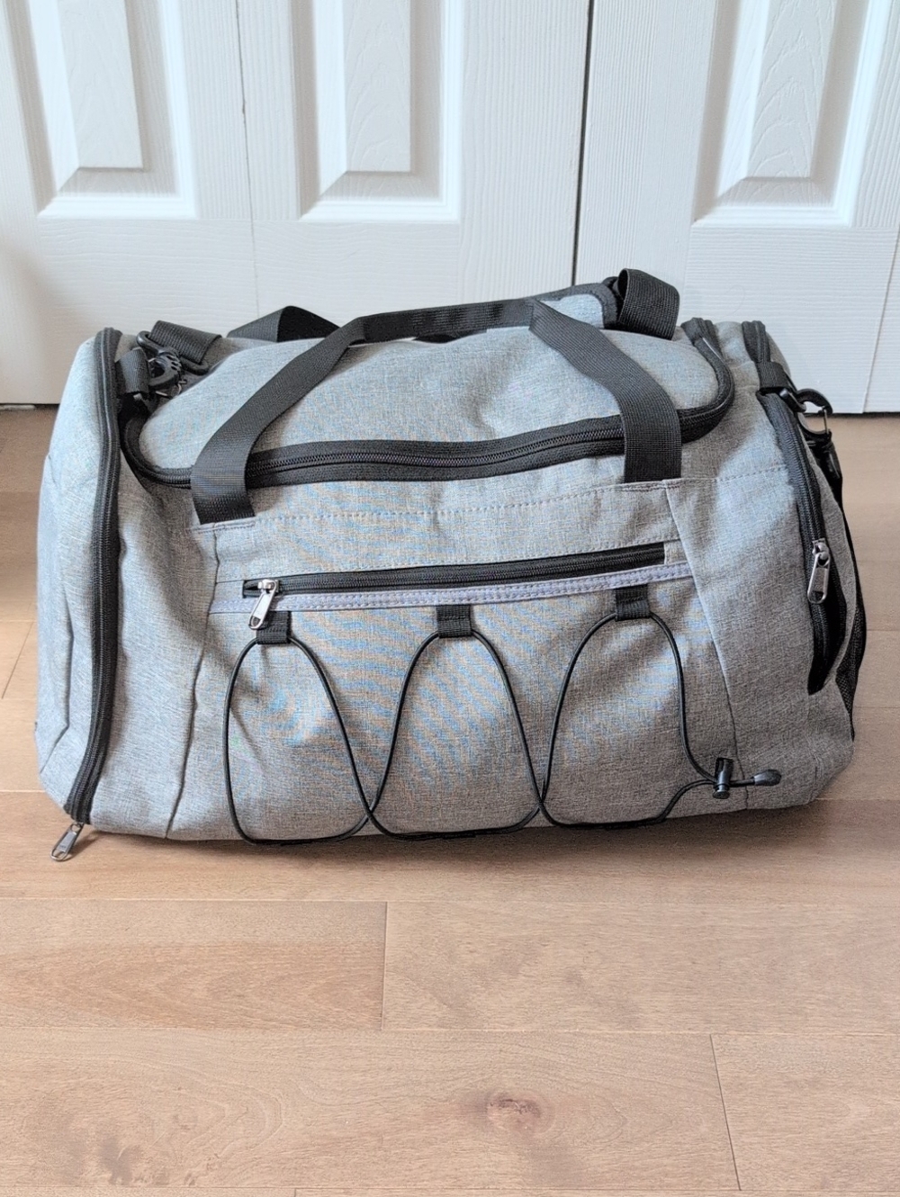 Gray Duffel Gym Bag with Front Bungee and Multiple Pockets